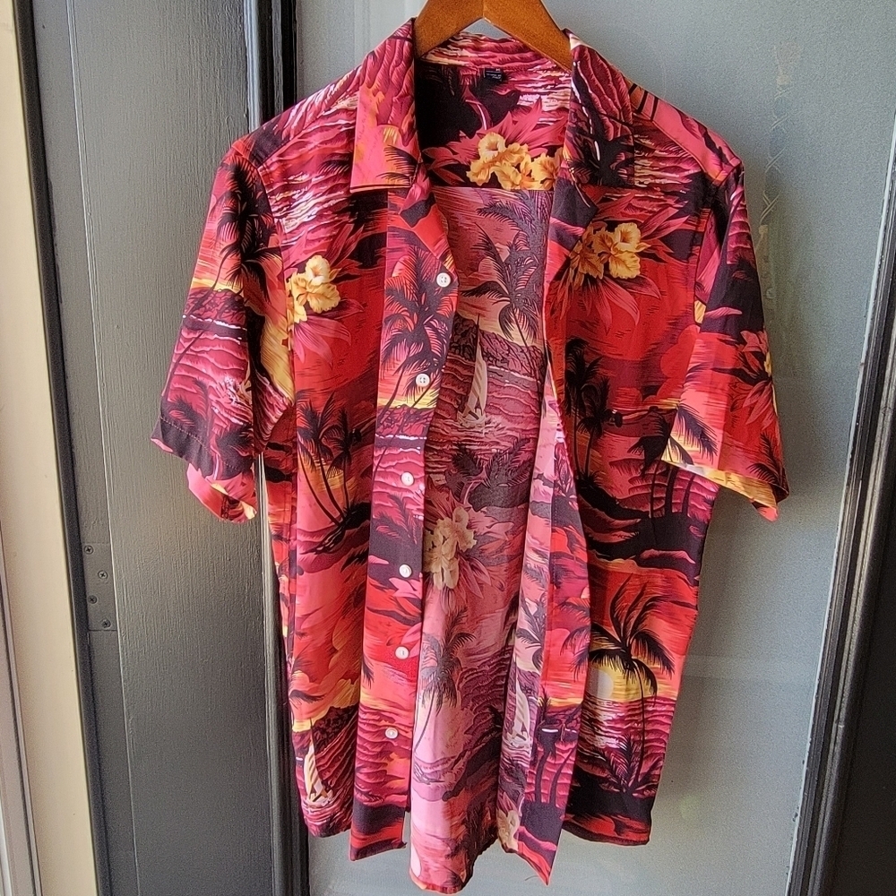 Design in Italy Luxury Men's Hawaiian Shirt Button Up Ocean Palm Sunset Red Med